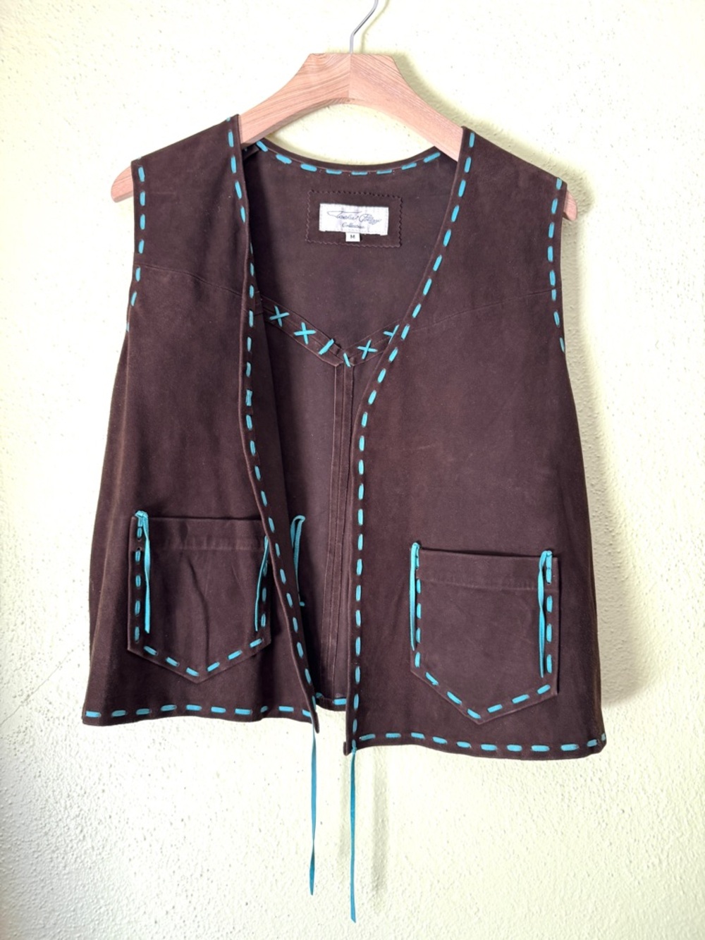 Tasha Polizzi Brown Suede Vest with Turquoise Stitching